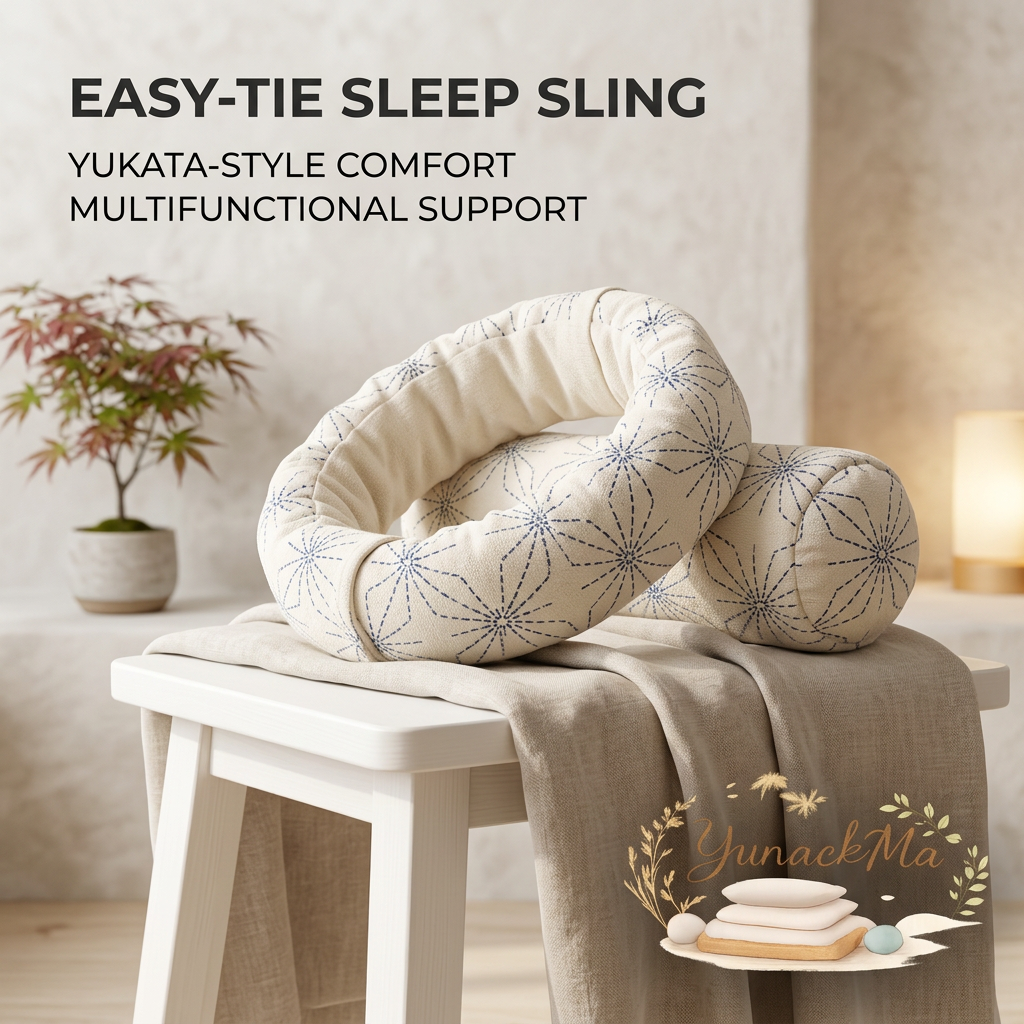 YunackMa™ Easy-Tie Sleep Sling & Neck Roll Pillow - Yukata-Style Comfort Multifunctional Cervical Support Cushion for Sleep, Travel, and Yoga - Traditional Japanese Asanoha Pattern Cotton Linen Blend