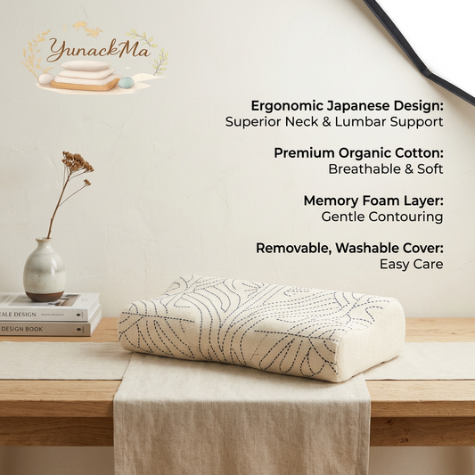 YunackMa™ Ergonomic Memory Foam Cervical Pillow - Japanese Contour Neck Support Pillow for Neck and Shoulder Pain Relief, Breathable Organic Cotton Washable Cover for Side, Back & Stomach Sleepers