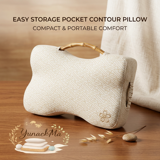 YunackMa™ Compact Contour Pillow with Aesthetic Bamboo Handle & Storage Pocket – Portable Ergonomic Neck Support Pillow for Travel, Office, and Home – Luxury Textured Cervical Pillow for Back & Side Sleepers