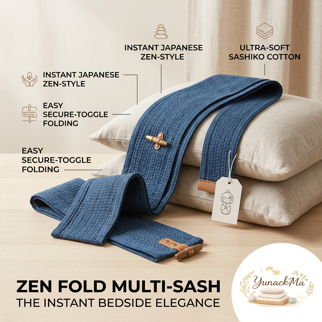 YunackMa™ Zen Fold Multi-Sash - Decorative Bed Runner & Pillow Sash | Ultra-Soft Sashiko Cotton Pillow Band with Secure Toggle | Instant Japanese Zen-Style Bedding Accent Wrap for Bed Pillows
