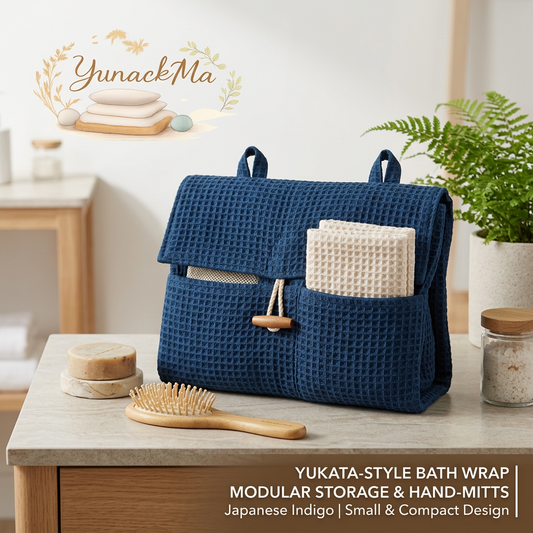 YunackMa™ Yukata-Style Waffle Bath Wrap & Modular Storage Bag Set with Exfoliating Hand-Mitts | Japanese Indigo Cotton Waffle Weave Towel Wrap, Compact Hanging Toiletry Organizer & Wash Mitts for Spa, Gym, Travel, and Home