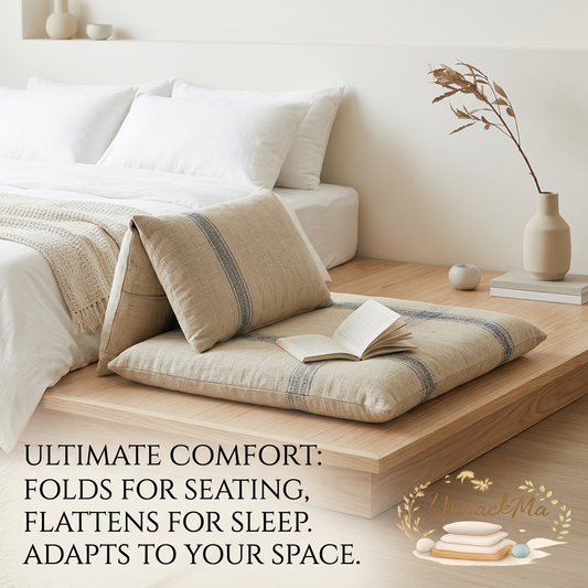 YunackMa™ Folding Floor Chair & Lounger Bed, Japanese Tatami Cushion Mattress, 2-in-1 Foldable Floor Sofa for Reading, Meditation & Sleeping, Rustic Linen Floor Pillow Bed with Back Support for Living Room & Bedroom